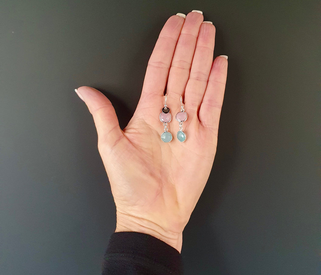 Aquamarine And Rose Quartz Drop Earrings, March And October Birthstone Jewellery In Sterling Silver