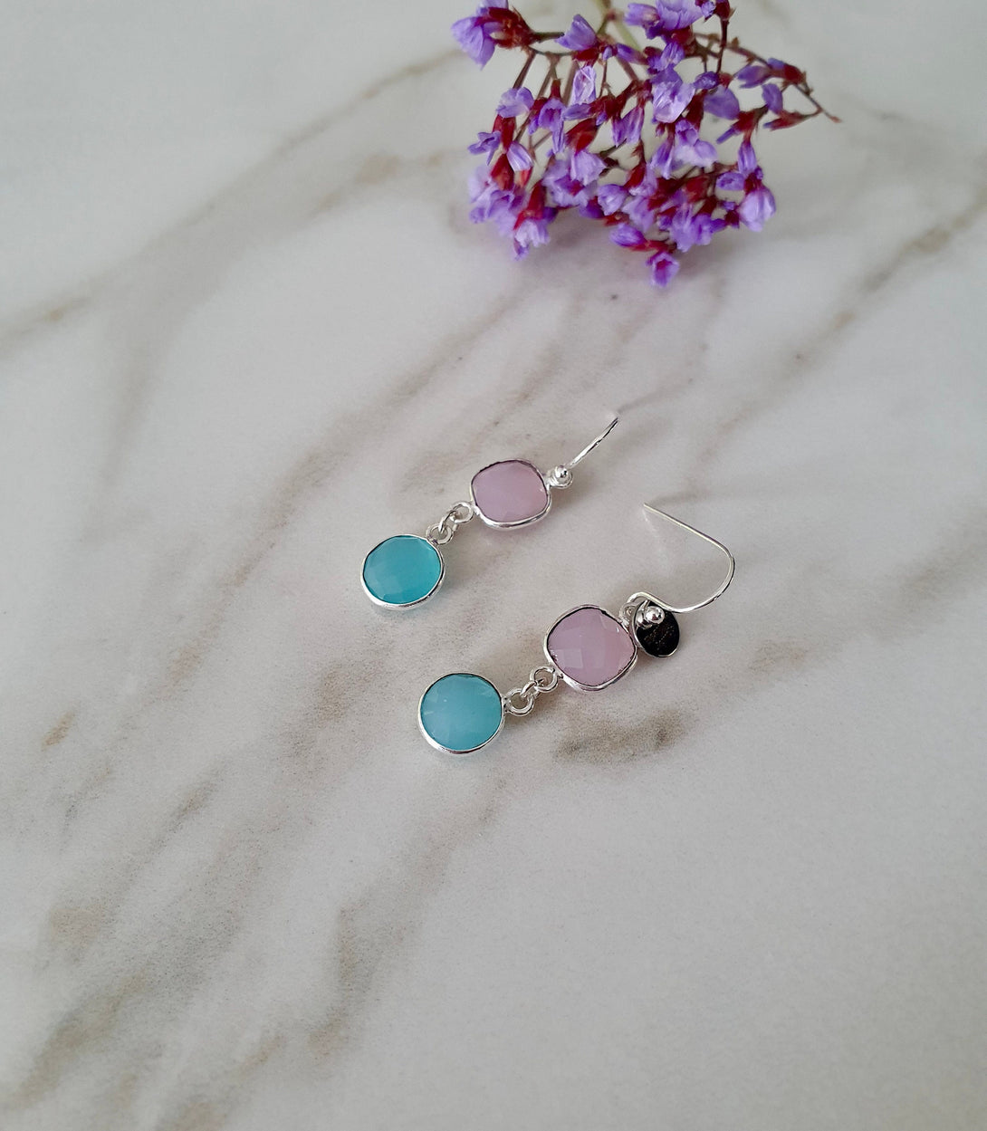 Aquamarine And Rose Quartz Drop Earrings, March And October Birthstone Jewellery In Sterling Silver