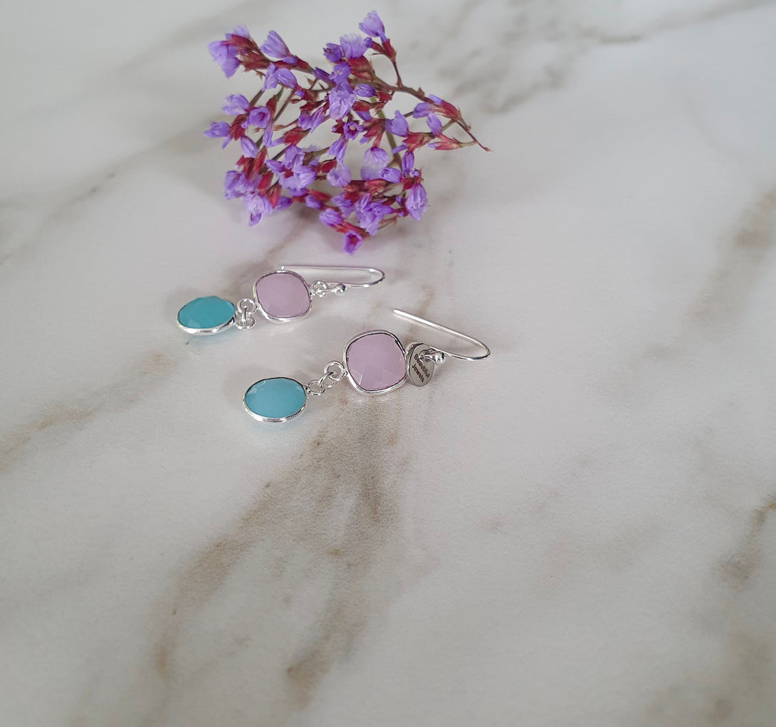 Aquamarine And Rose Quartz Drop Earrings, March And October Birthstone Jewellery In Sterling Silver