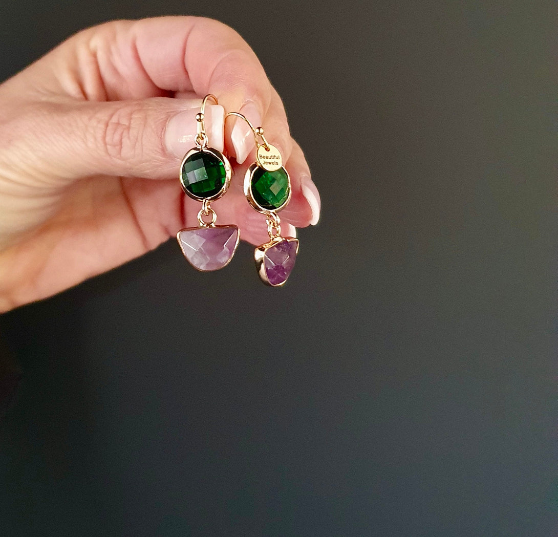 Amethyst And Green Quartz Drop Earrings, February Birthstone Jewellery