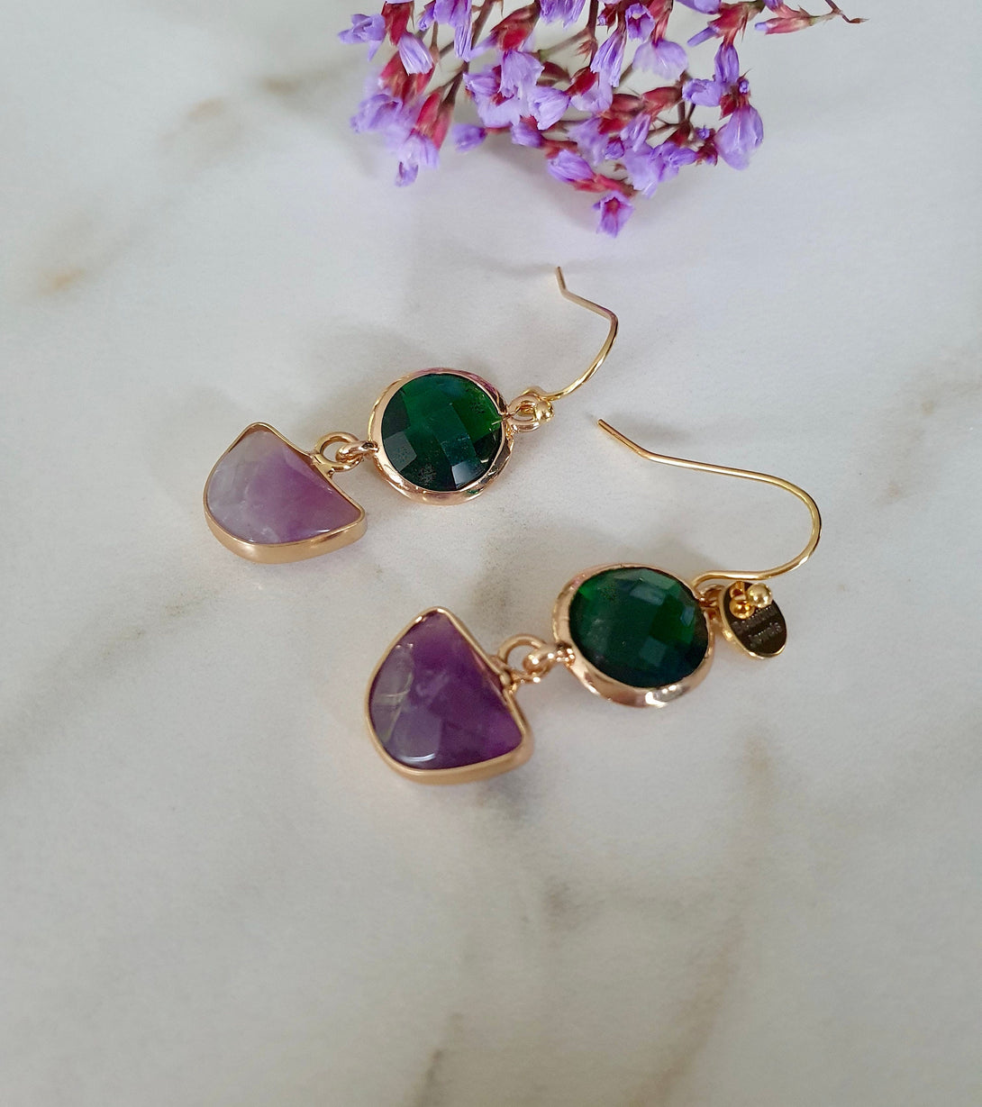 Amethyst And Green Quartz Drop Earrings, February Birthstone Jewellery