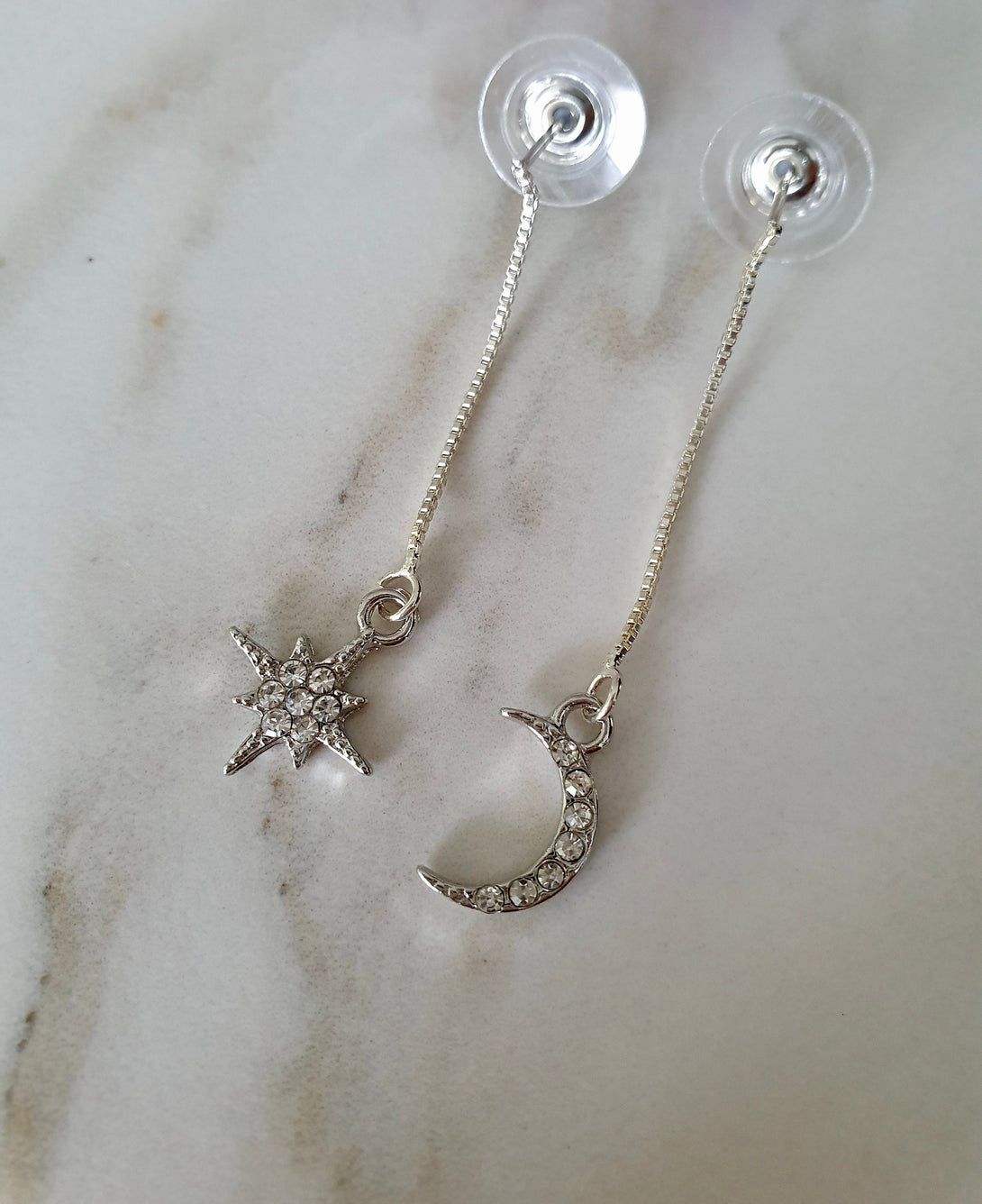 Asymmetrical North Star And Moon Drop Earrings In Sterling Silver And Zirconia