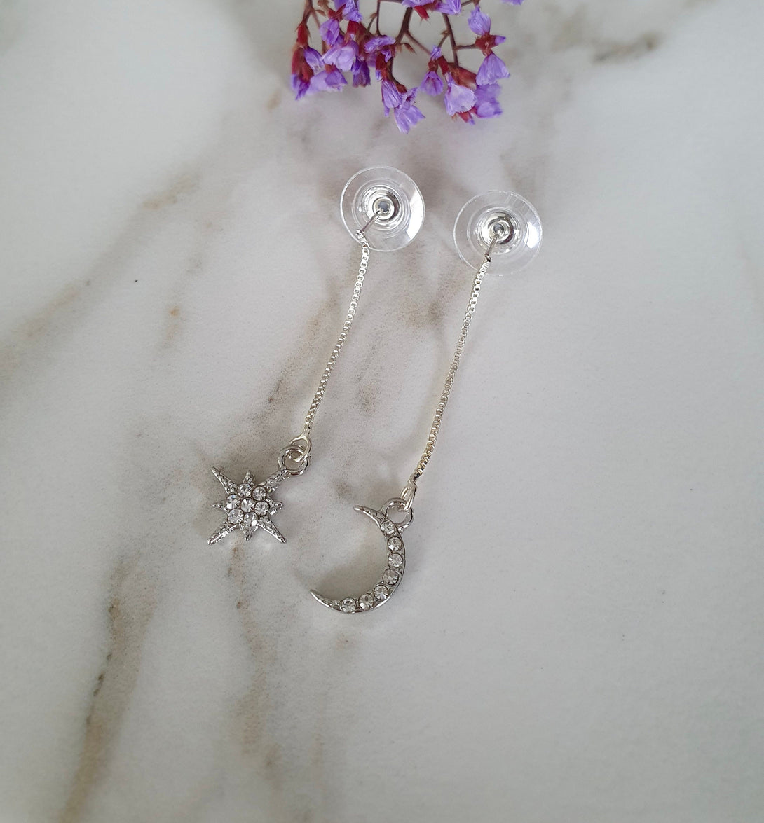 Asymmetrical North Star And Moon Drop Earrings In Sterling Silver And Zirconia