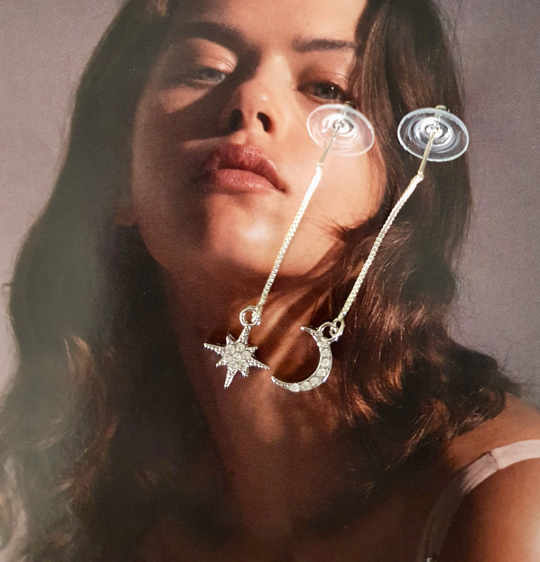 Asymmetrical North Star And Moon Drop Earrings In Sterling Silver And Zirconia