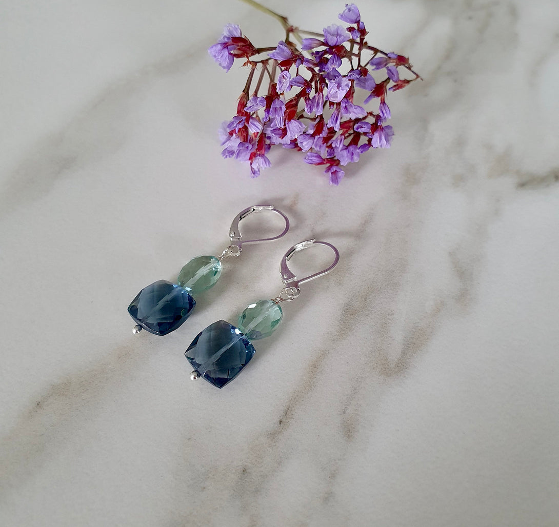 Gemstone Drop Earrings, London Blue Topaz And Green Amethyst, February And November Birthstone Jewellery