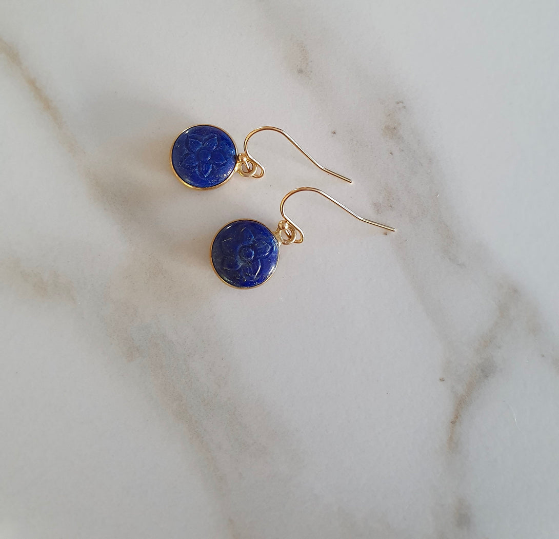 Carved Daisy Lapis Lazuli Drop Earrings, September And December Birthstone Jewellery, April Birth Flower