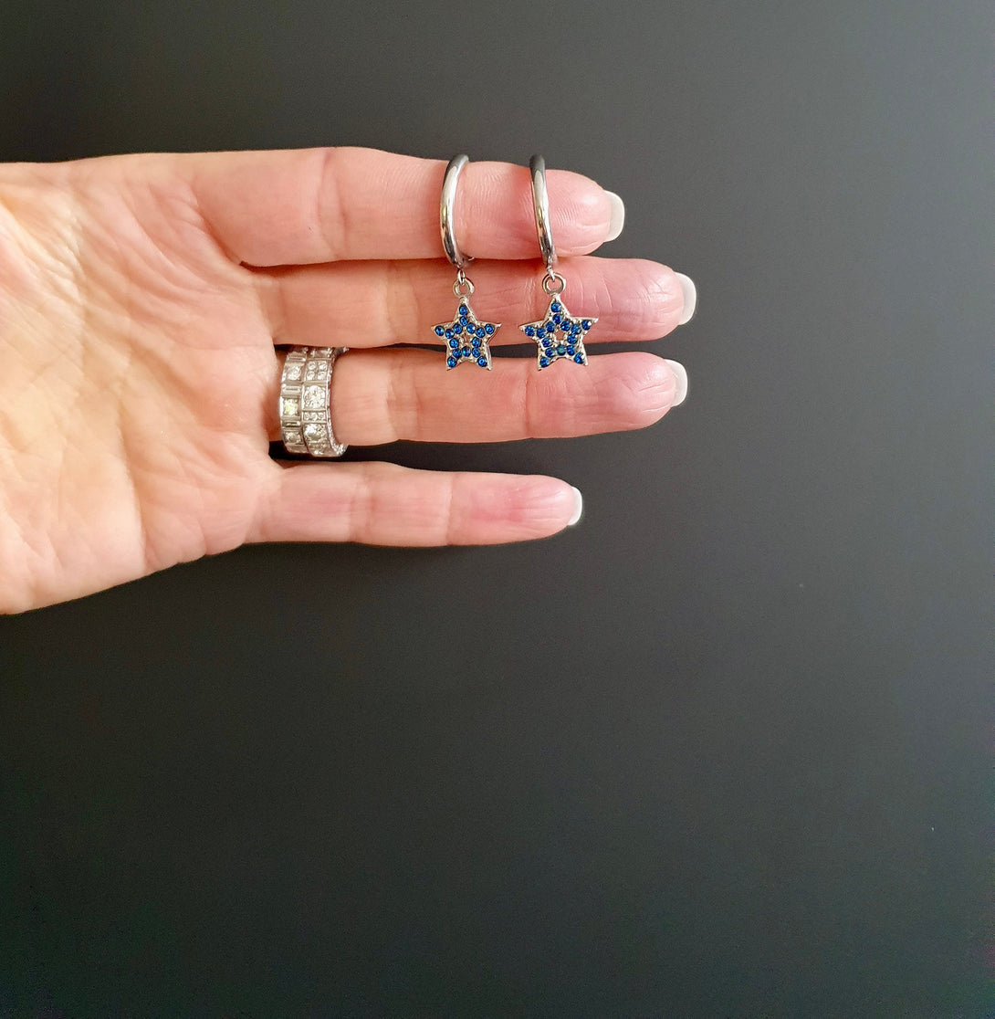 Titanium And Indigo Blue Star Charm Hoop Earrings, Symbolic Gifts