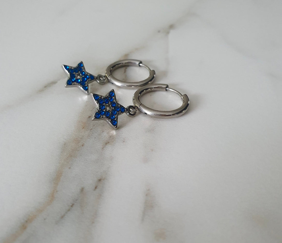 Titanium And Indigo Blue Star Charm Hoop Earrings, Symbolic Gifts