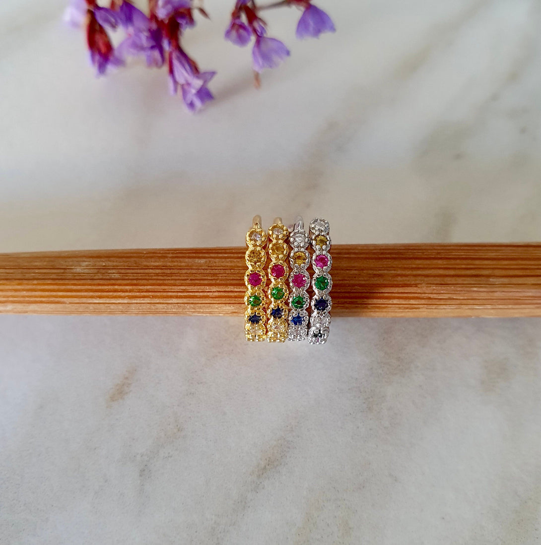 Huggie Hoop Earrings In Rainbow Colours, Sterling Silver And Gold