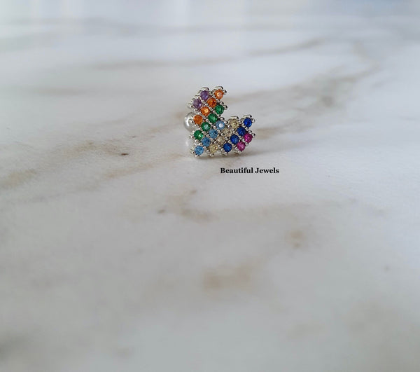 Rainbow Heart Stud Earring In Titanium, Helix, Cartilage, Tragus, Conch, Lobe Screw Back Piercing In Rainbow Colours