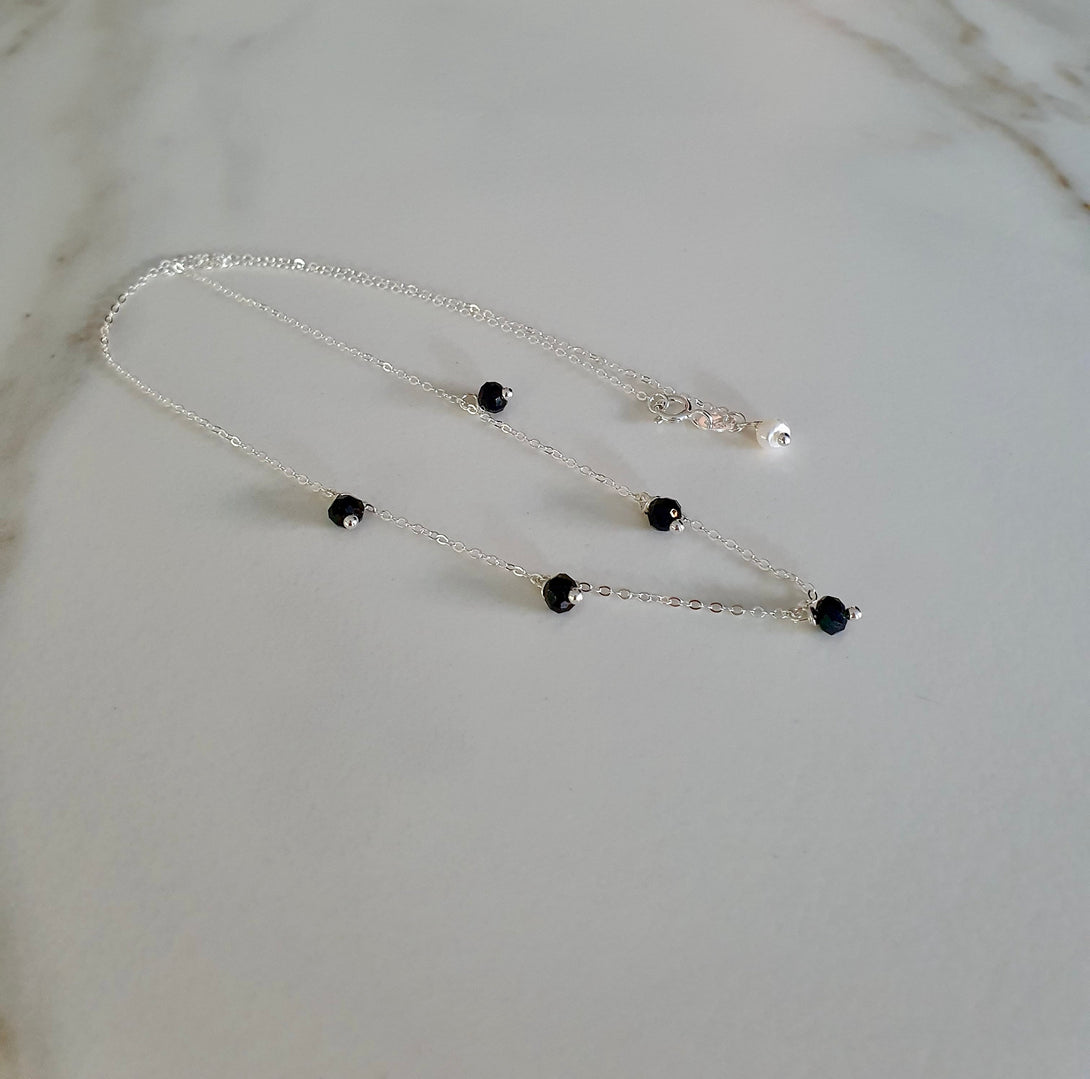 Dainty Onyx Jingle Necklace In Sterling Silver Or Gold With Pearl Accent, December And June Healing Birthstone Jewellery