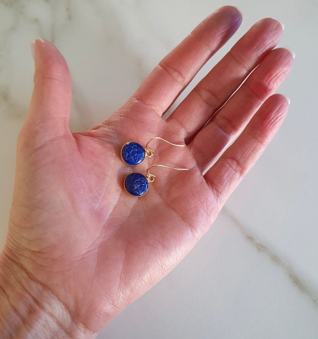 Carved Daisy Lapis Lazuli Drop Earrings, September And December Birthstone Jewellery, April Birth Flower