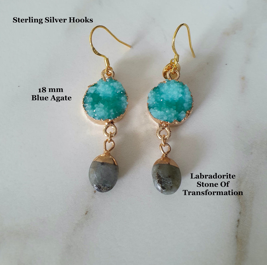 Druzy Gemstone Drop Earrings in Gold Plated Sterling Silver