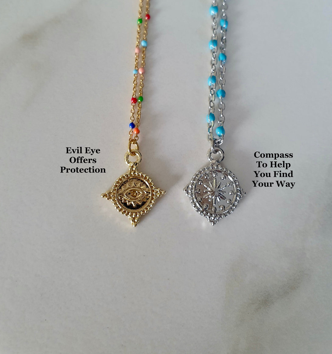 Dainty Enamel Bead Charm Necklaces, Symbolic Jewellery, Star, Evil Eye, Tree Of Life, Compass And Sand Dollar