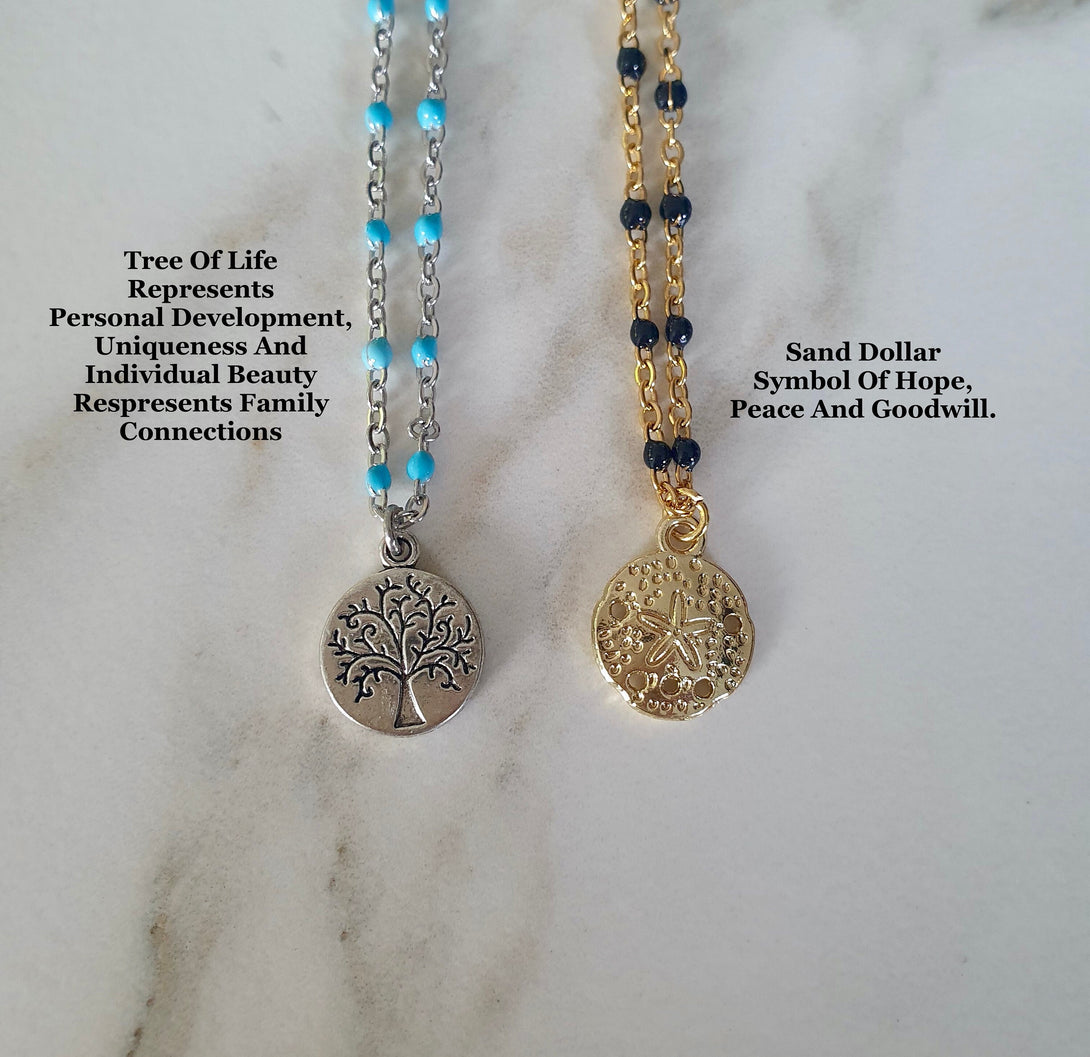 Dainty Enamel Bead Charm Necklaces, Symbolic Jewellery, Star, Evil Eye, Tree Of Life, Compass And Sand Dollar