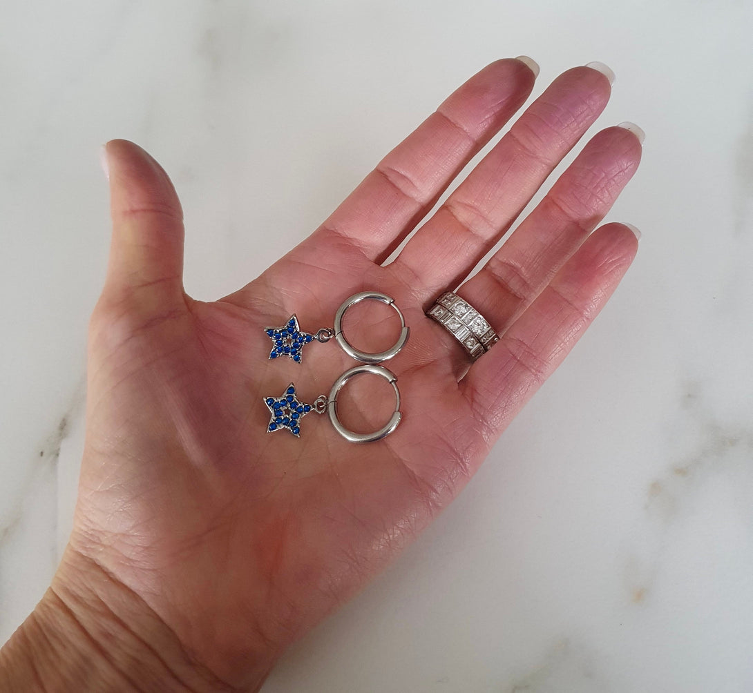 Titanium And Indigo Blue Star Charm Hoop Earrings, Symbolic Gifts