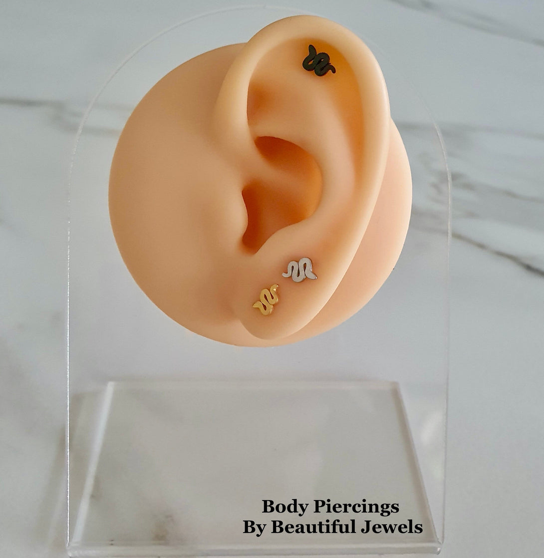 Tiny Snake Cartilage, Conch, Tragus Piercing, Helix Stud In 316L Surgical Steel, Small Serpent Earrings, Single, 18G