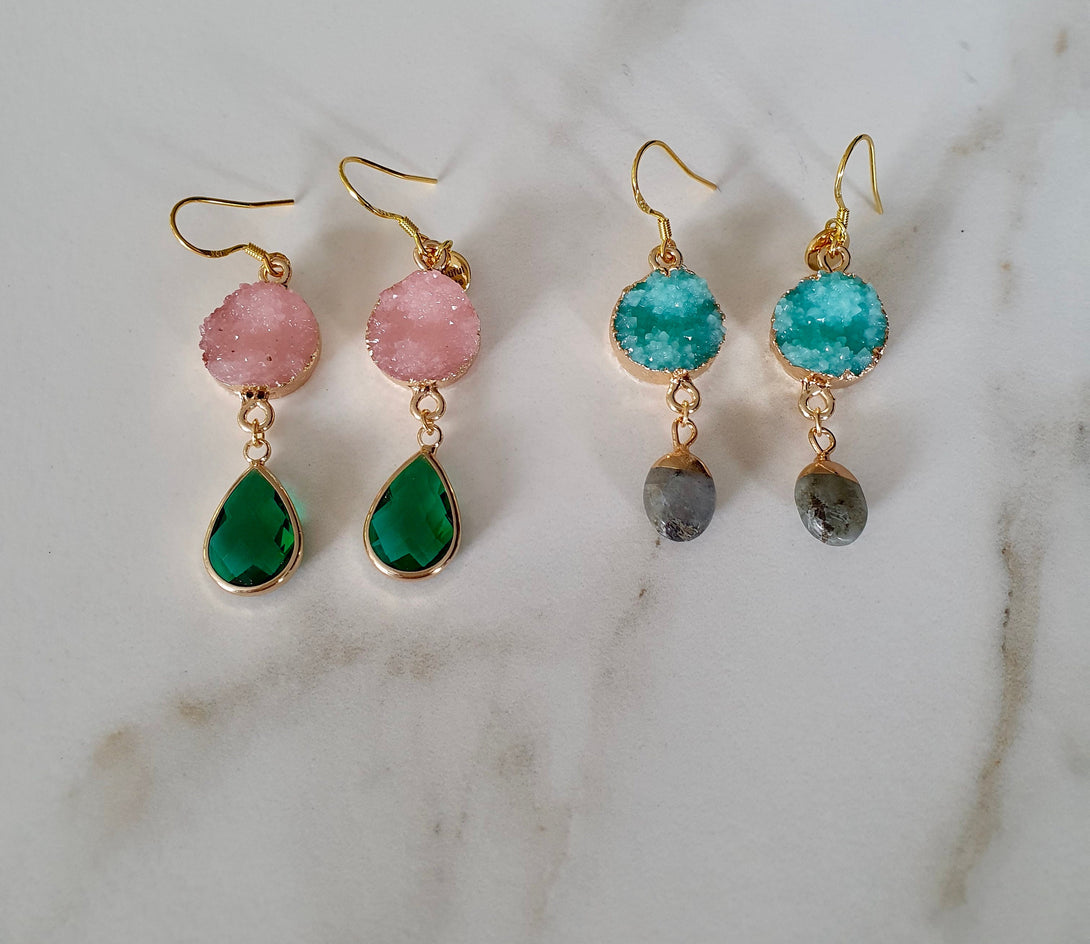 Druzy Gemstone Drop Earrings in Gold Plated Sterling Silver