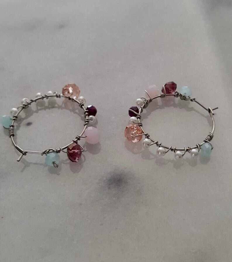 Handcrafted Pearl And Gemstone Wire Wrap Hoop Earrings