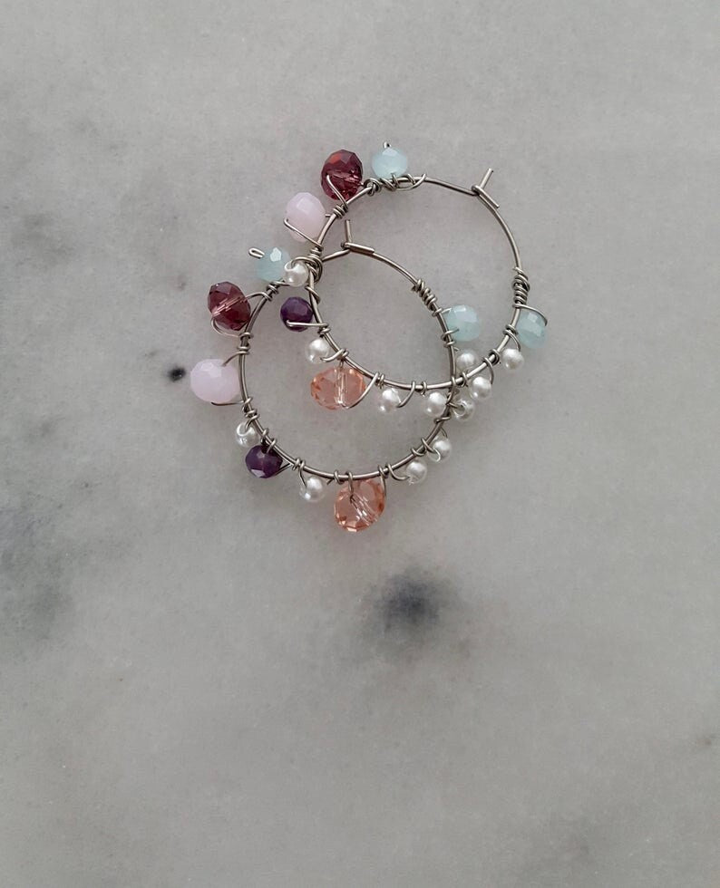 Handcrafted Pearl And Gemstone Wire Wrap Hoop Earrings