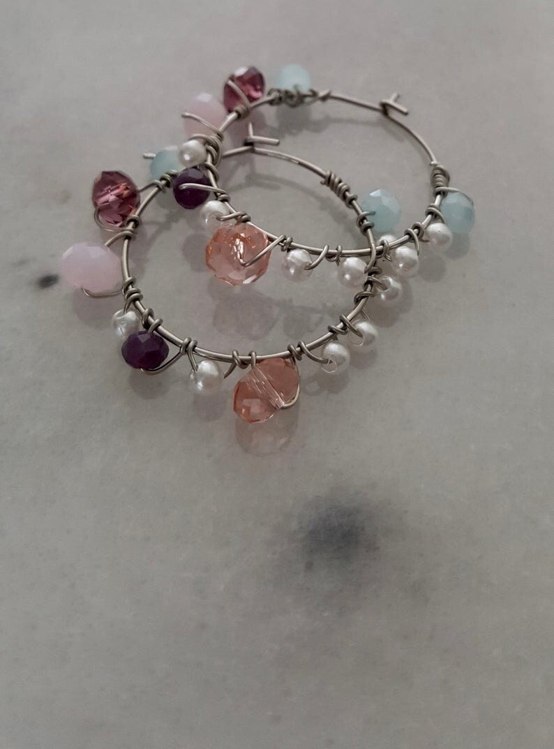 Handcrafted Pearl And Gemstone Wire Wrap Hoop Earrings