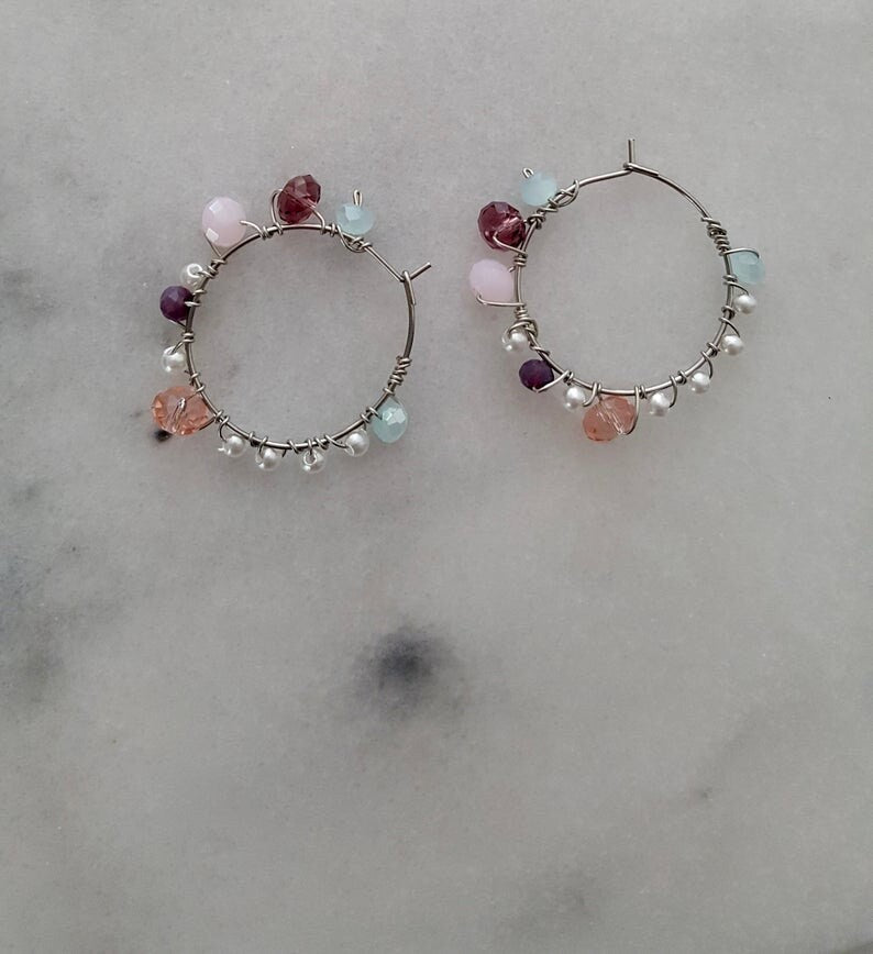 Handcrafted Pearl And Gemstone Wire Wrap Hoop Earrings