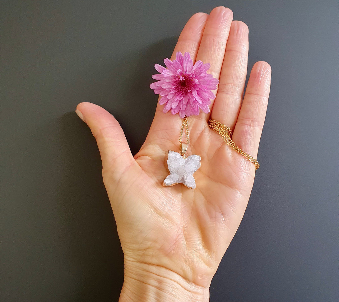 Raw Quartz Butterfly Necklace, Druzy Healing Crystal Pendant, Boho Jewelry