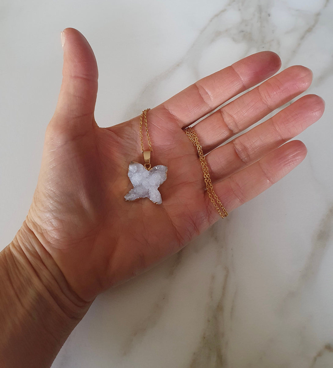 Raw Quartz Butterfly Necklace, Druzy Healing Crystal Pendant, Boho Jewelry