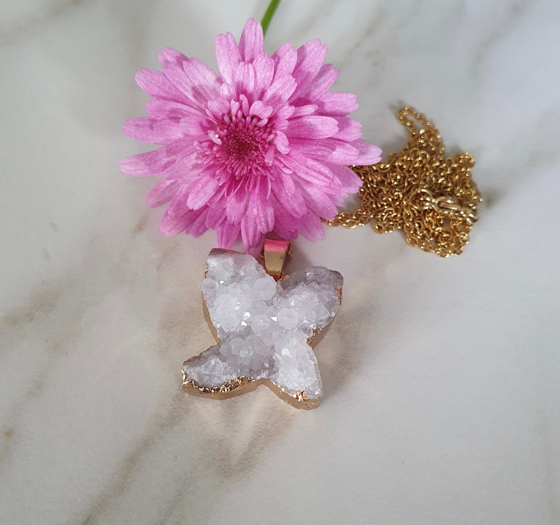 Raw Quartz Butterfly Necklace, Druzy Healing Crystal Pendant, Boho Jewelry