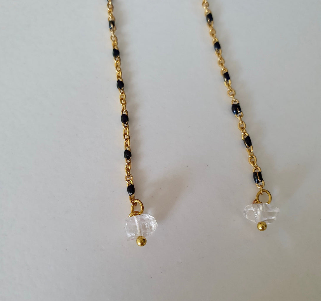 Herkimer Diamond And Enamel Chain Drop Earrings, April Birthstone, Stone Of Attunement