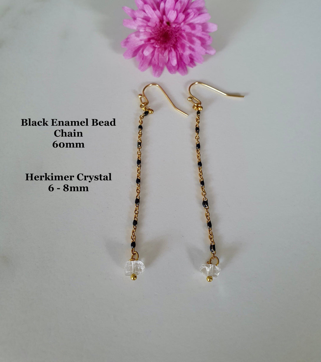 Herkimer Diamond And Enamel Chain Drop Earrings, April Birthstone, Stone Of Attunement