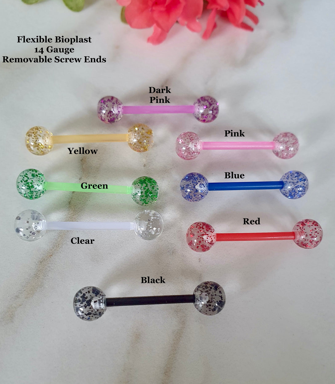 Flexible Bioplast Glitter Barbell, Tongue Stud