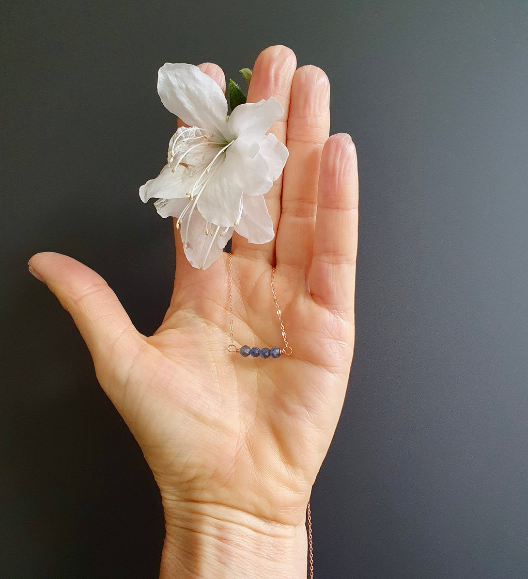 Rose Gold And Iolite Mini Bar Necklace, September Birthstone Jewellery