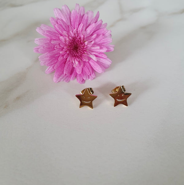 Star With Smile Stud Earrings In Hypoallergenic Surgical Steel, Pair