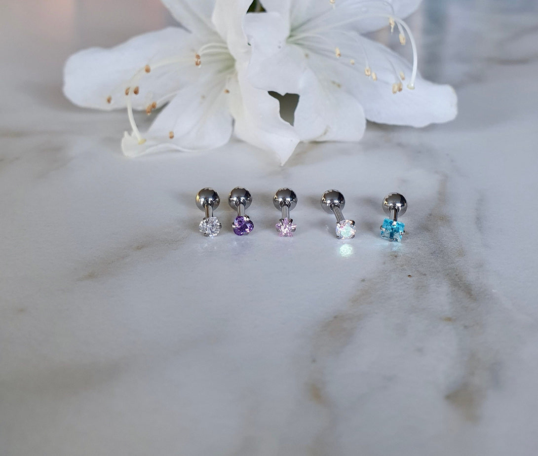 Mini Single Screw Back Titanium Studs In Star, Heart, Circle Or Square CZ Design, Cartilage, Tragus, Earlobe, Conch Piercings