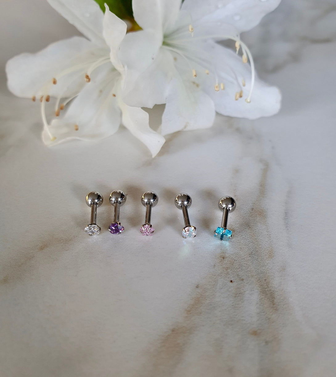 Mini Single Screw Back Titanium Studs In Star, Heart, Circle Or Square CZ Design, Cartilage, Tragus, Earlobe, Conch Piercings