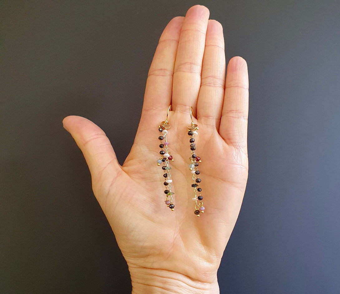 Tourmaline , Onyx And Pearl Chain Drop Earrings, June, October And December Birthstone Jewellery