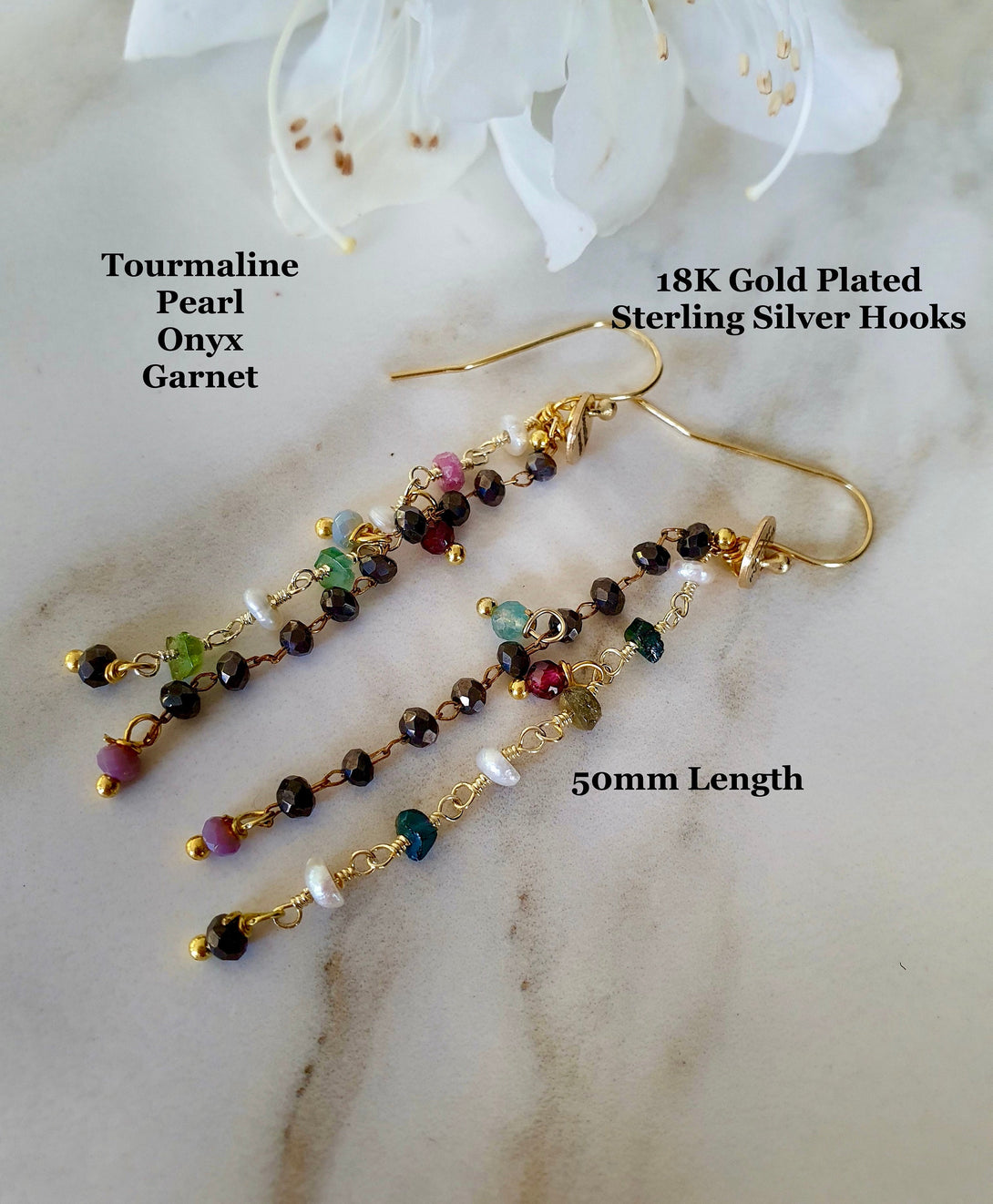 Tourmaline , Onyx And Pearl Chain Drop Earrings, June, October And December Birthstone Jewellery