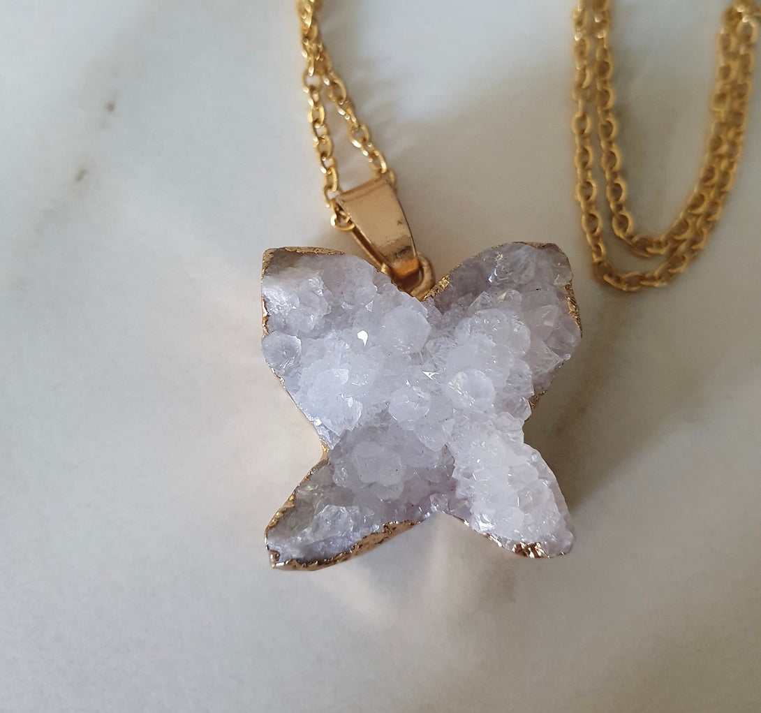 Raw Quartz Butterfly Necklace, Druzy Healing Crystal Pendant, Boho Jewelry