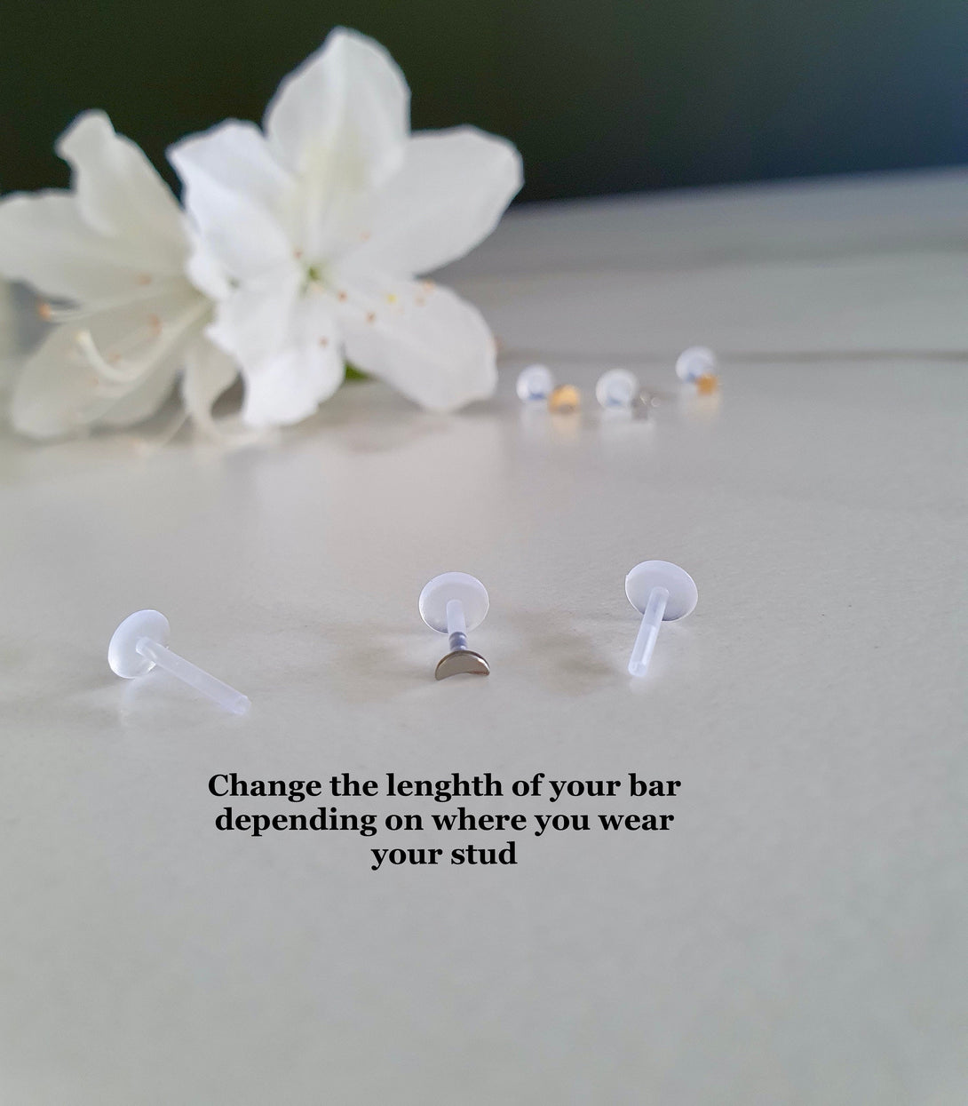 16G Crescent Moon Or Star Surgical Steel, Push In Labret, Bioplast Tragus, Push in Stud, Bioflex Labret, Cartilage Stud, With 3 Bars