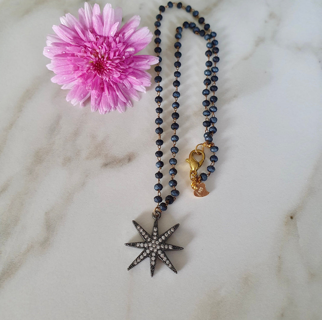 Dainty Sapphire Bead Necklace With Star Charm, September Birthstone Jewellery