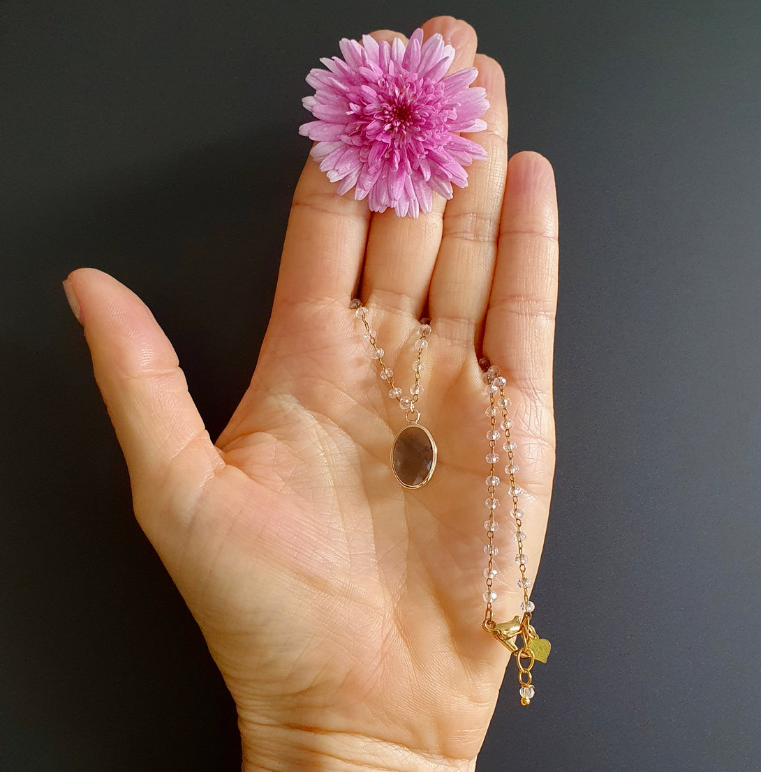 Clear Quartz Crystal Bead Necklace With Blue Austrian Crystal Pendant, April Birthstone Jewellery