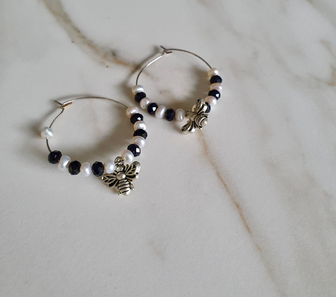 Onyx And Pearl Bee Hoop Earrings, June Birthstone Jewellery