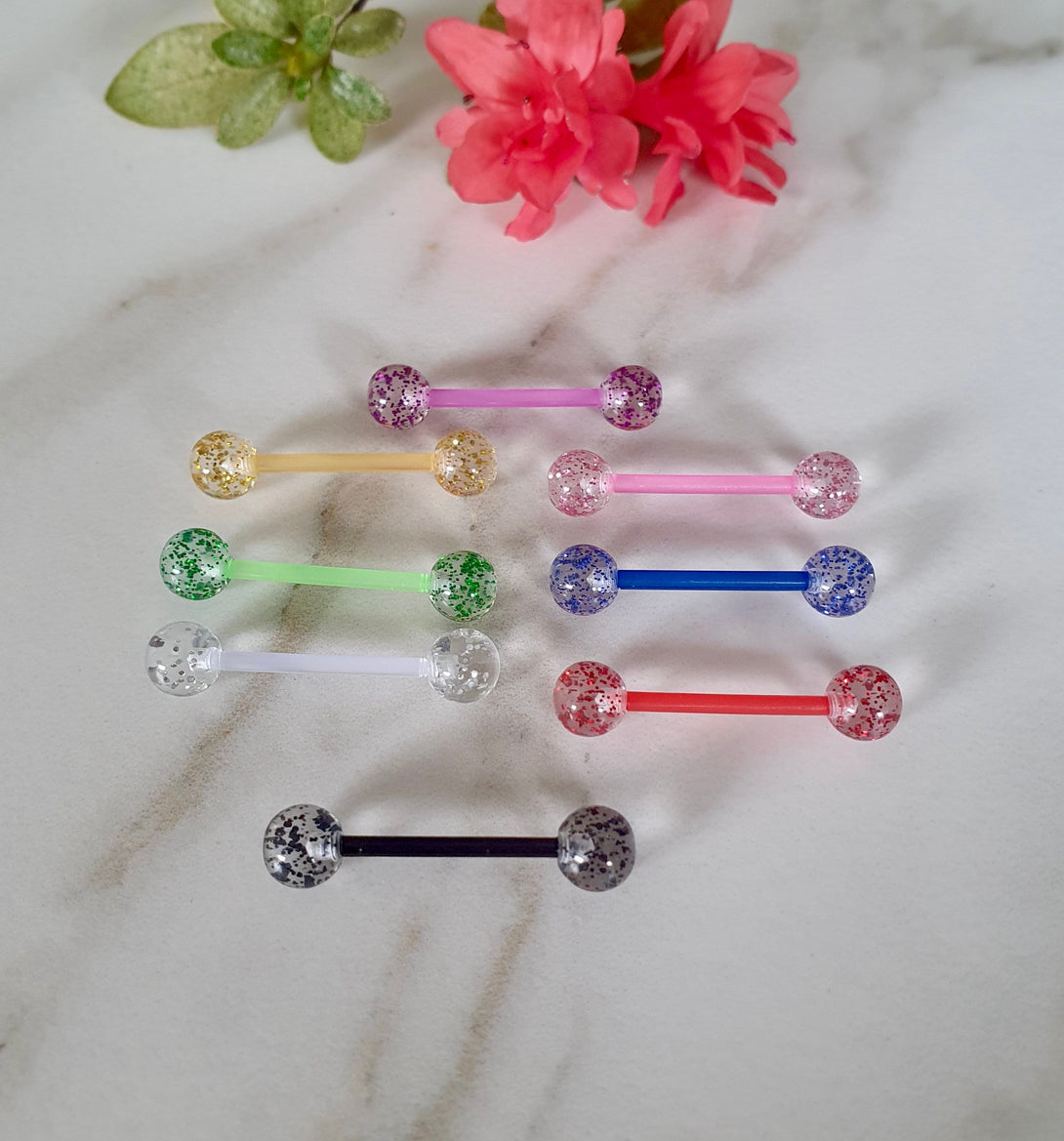 Flexible Bioplast Glitter Barbell, Tongue Stud