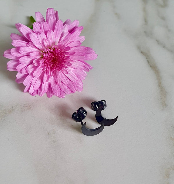 Black Crescent Moon Stud Earrings, Symbolic Jewellery, Pair