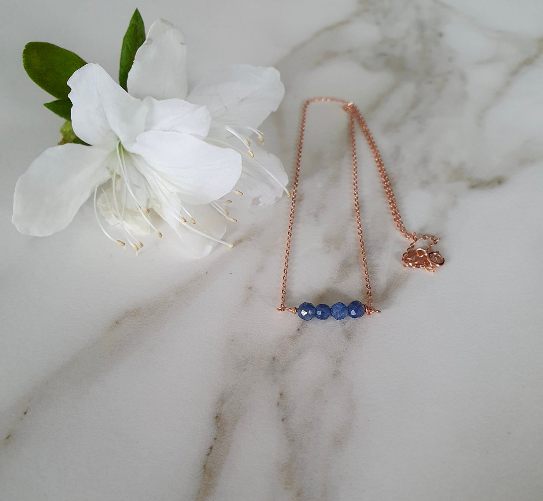 Rose Gold And Iolite Mini Bar Necklace, September Birthstone Jewellery