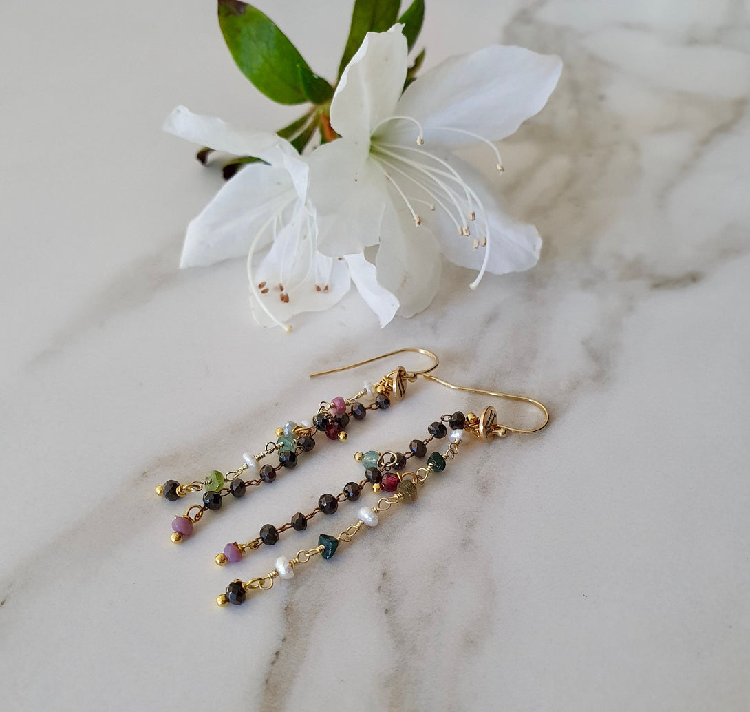 Tourmaline , Onyx And Pearl Chain Drop Earrings, June, October And December Birthstone Jewellery