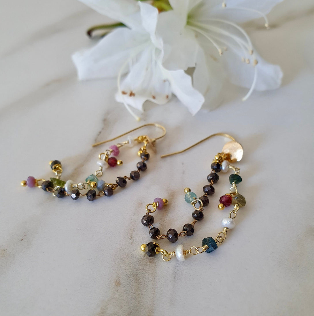 Tourmaline , Onyx And Pearl Chain Drop Earrings, June, October And December Birthstone Jewellery