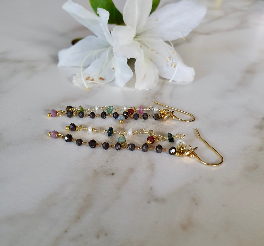 Tourmaline , Onyx And Pearl Chain Drop Earrings, June, October And December Birthstone Jewellery