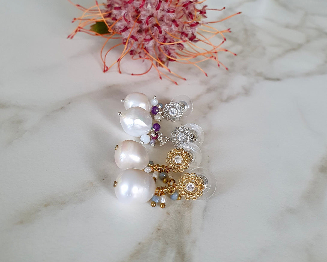 Flower Stud Baroque Pearl And Gemstone Earrings In Sterling Silver And Gold, June Birthstone Jewellery